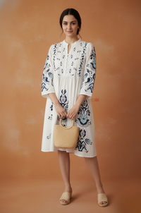 White Indigo Floral Midi Dress for Women