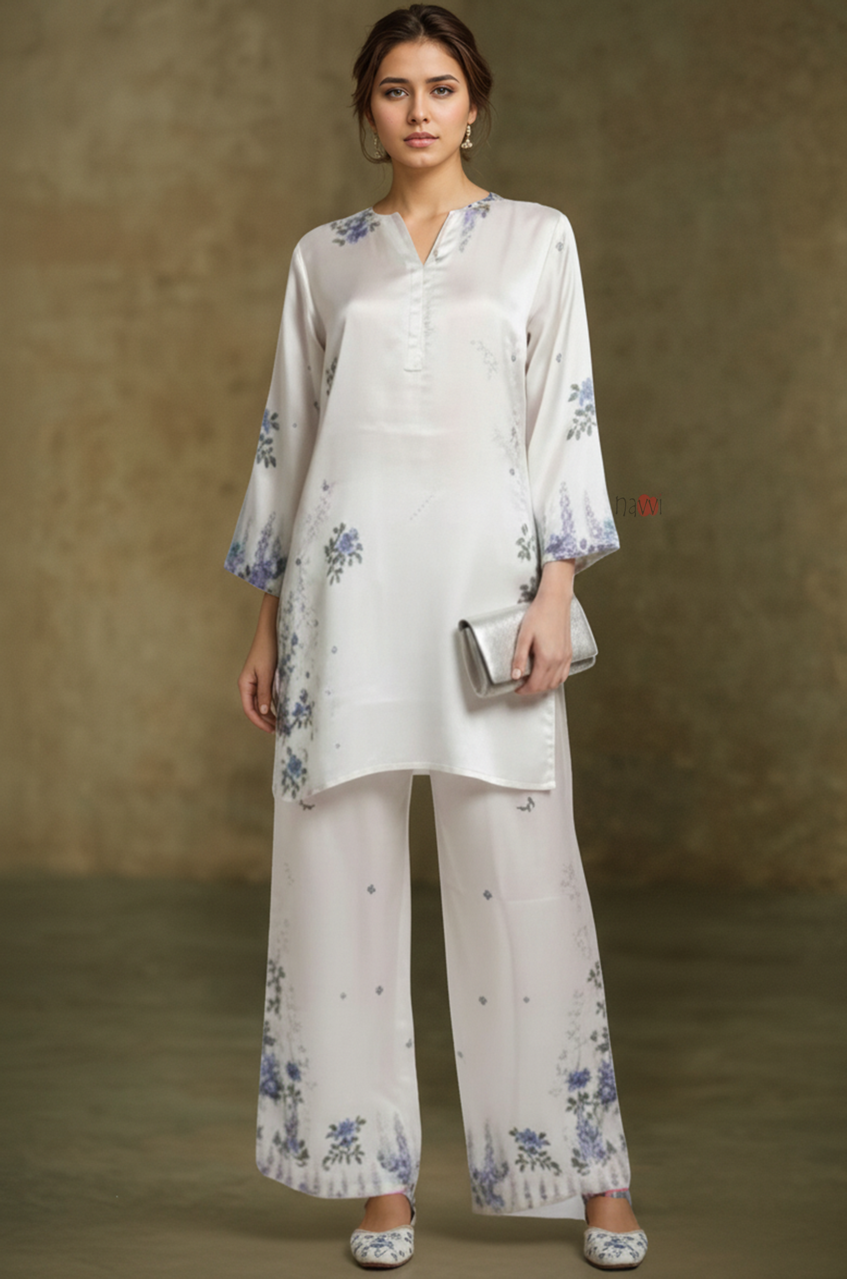Ivory Blue Floral Kurta Co-Ord Set
