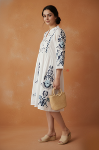 White Indigo Floral Midi Dress for Women