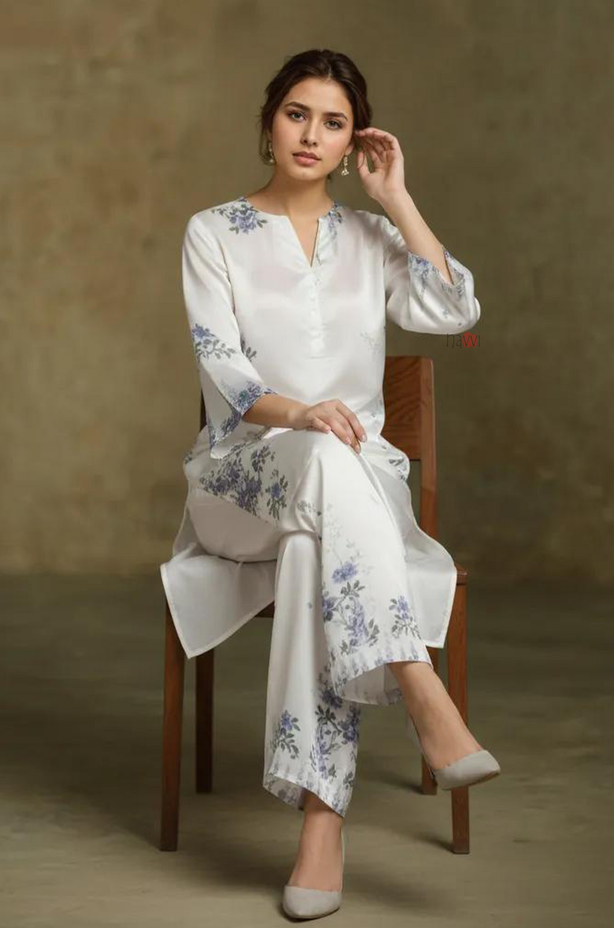 Ivory Blue Floral Kurta Co-Ord Set