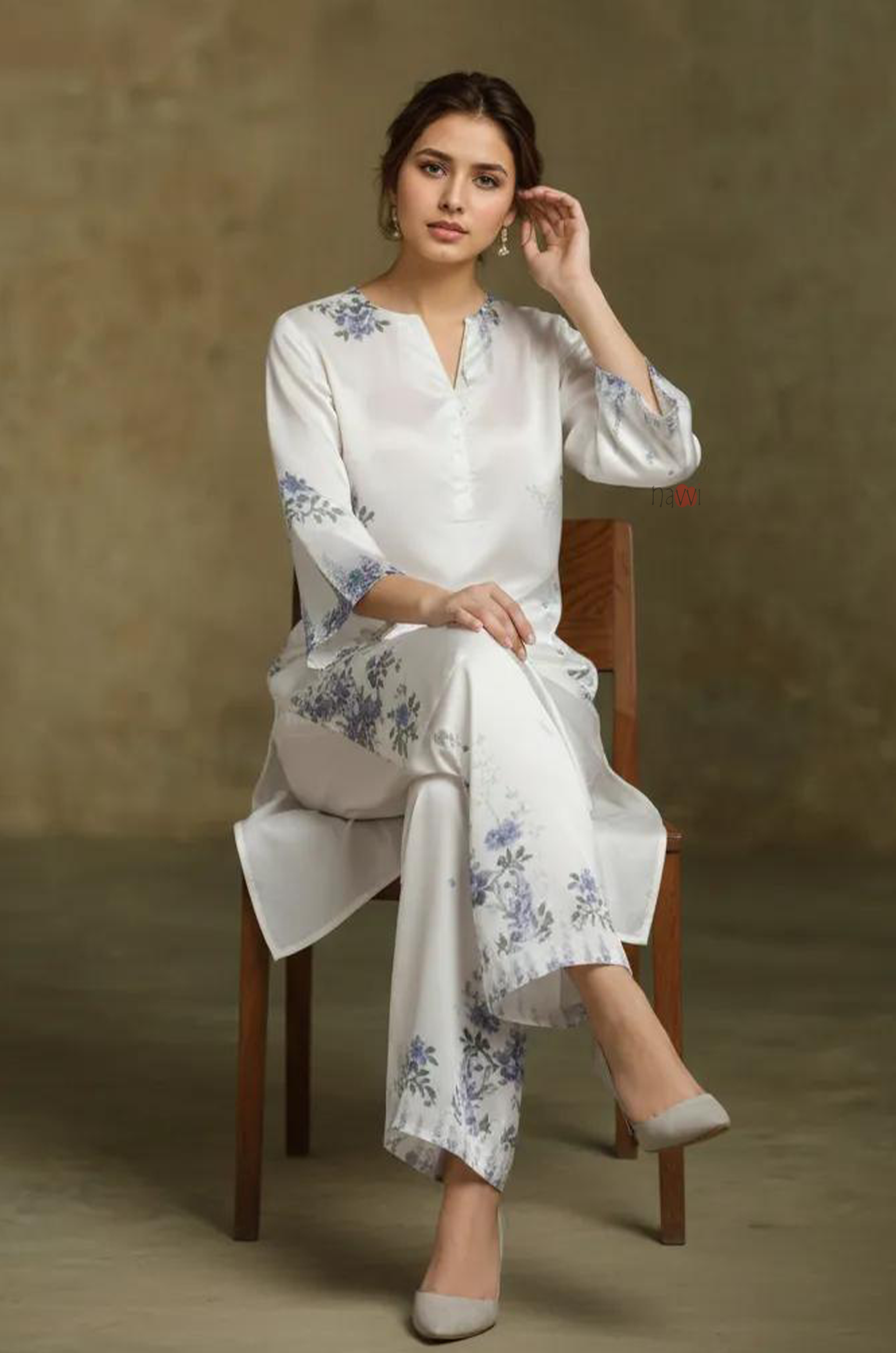 Ivory Blue Floral Kurta Co-Ord Set