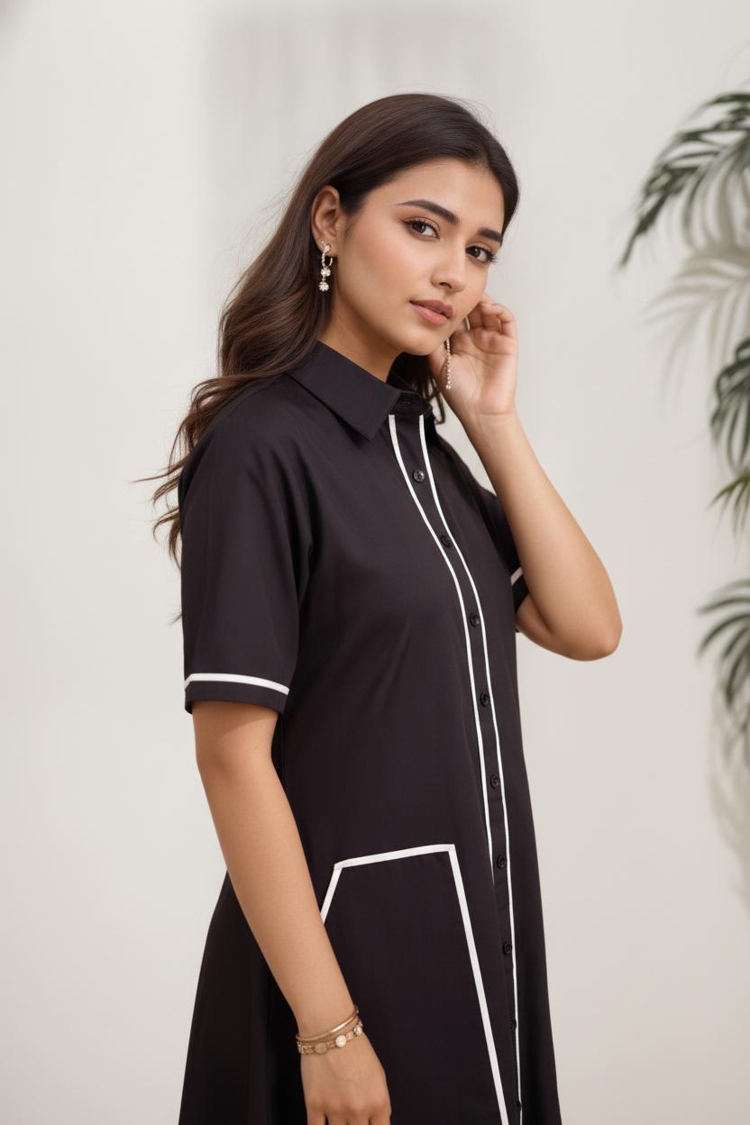 Contrast Piped Shirt Dress