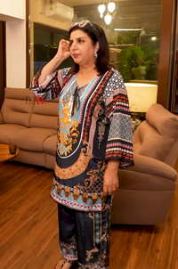 Trendy Ethnic Kurta Trouser Set – Teal Gold Print - Navvi.in