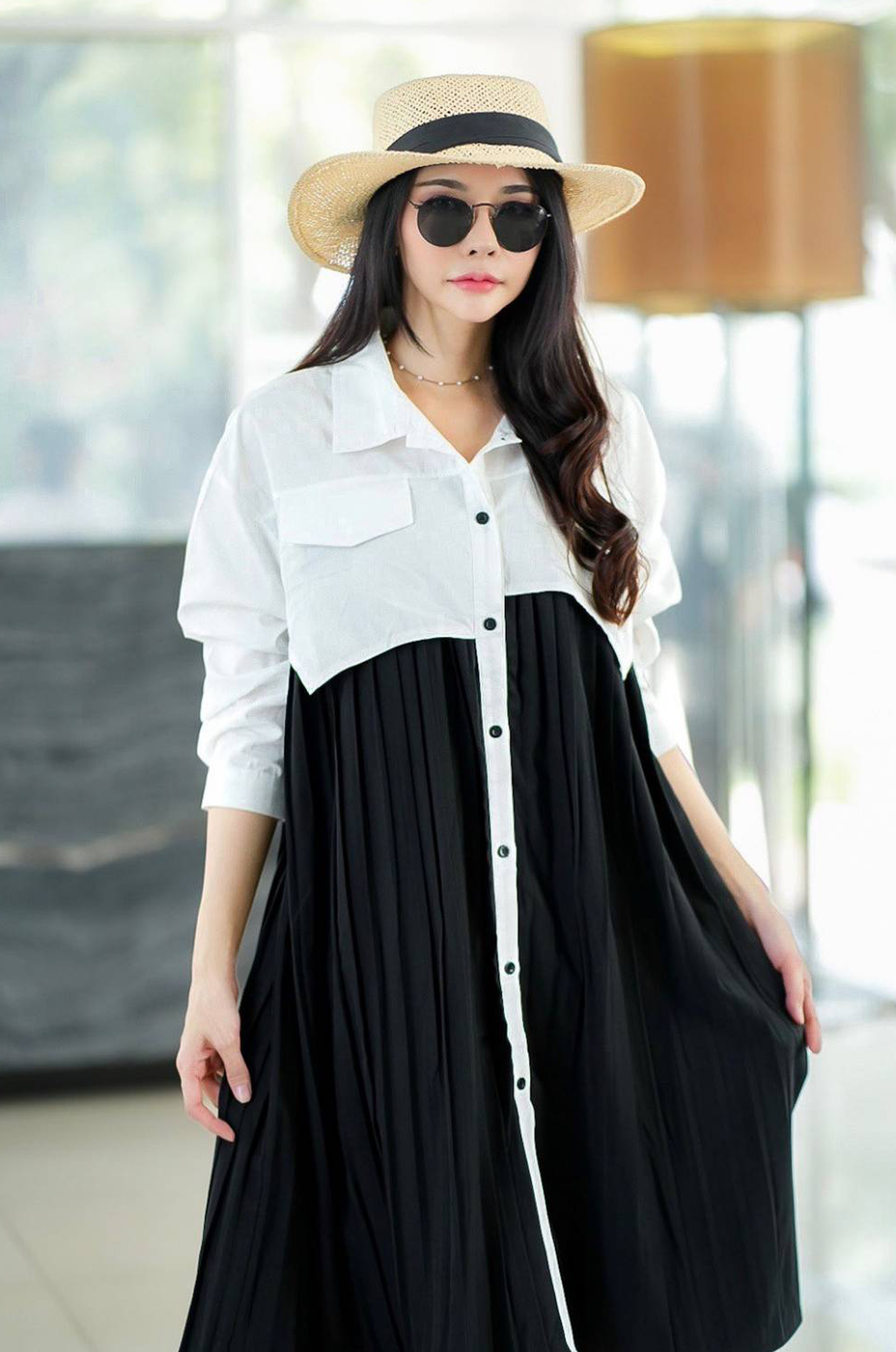 Two-Tone Button-Down Midi Shirt Dress