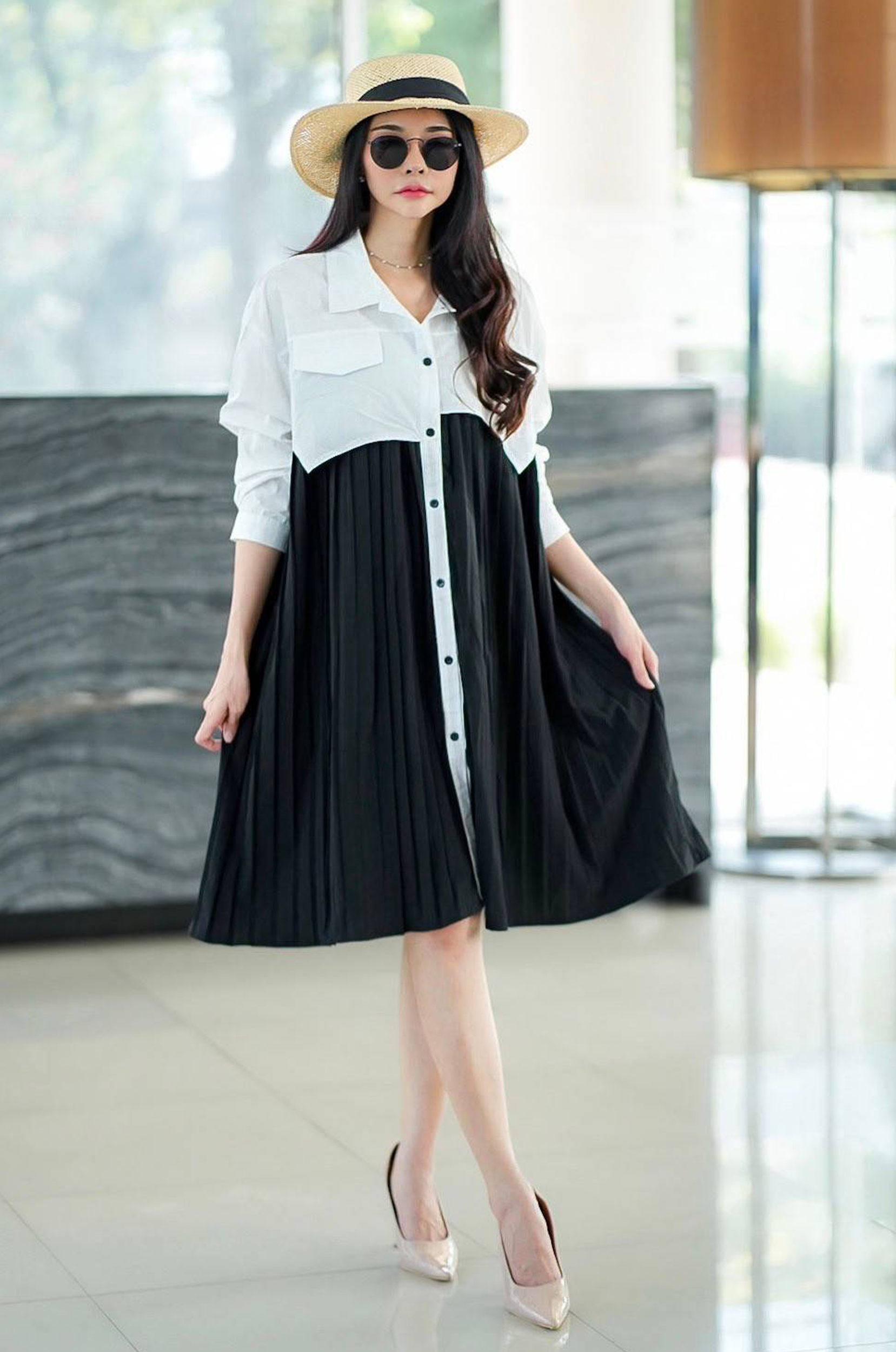Two-Tone Button-Down Midi Shirt Dress