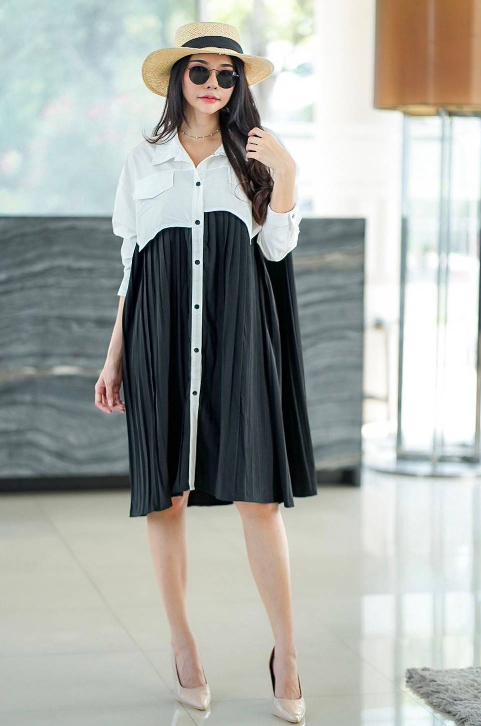 Two-Tone Button-Down Midi Shirt Dress