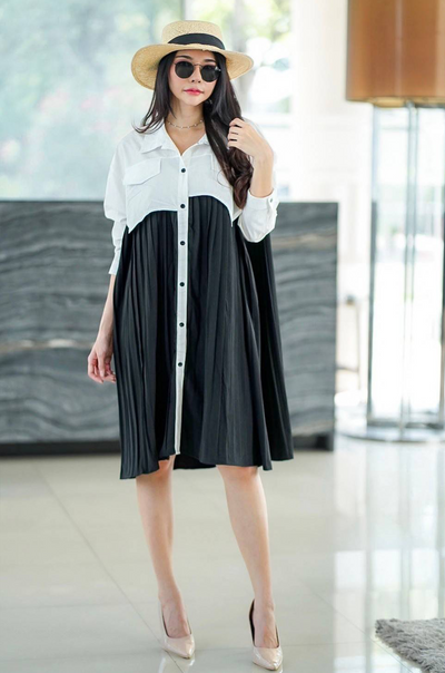Two-Tone Button-Down Midi Shirt Dress