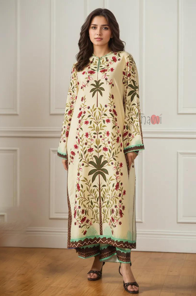 Elegant Beige Printed Kurta Set - Navvi.in