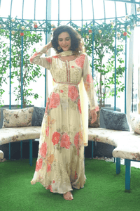 Floral Anarkali With Embroidered Belt and Dupatta - Navvi.in
