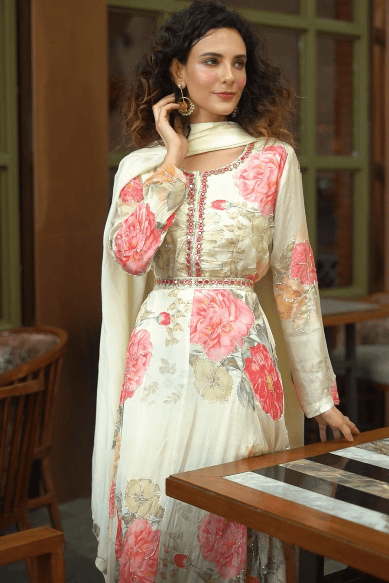 Floral Anarkali With Embroidered Belt and Dupatta - Navvi.in