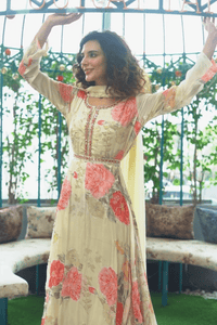 Floral Anarkali With Embroidered Belt and Dupatta - Navvi.in
