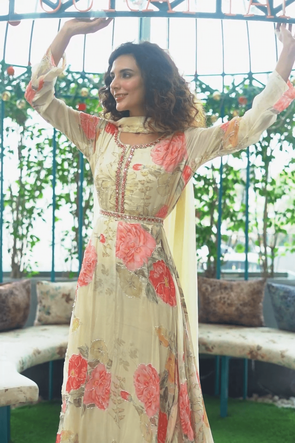 Floral Anarkali With Embroidered Belt and Dupatta - Navvi.in