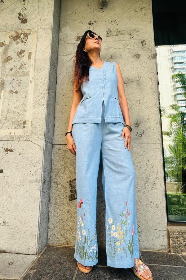 Floral Embroidery Cotton Co - Ord Set - Navvi.in