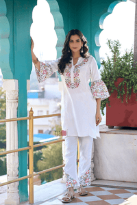 Floral Symphony Pure White Co - ord set - Navvi.in
