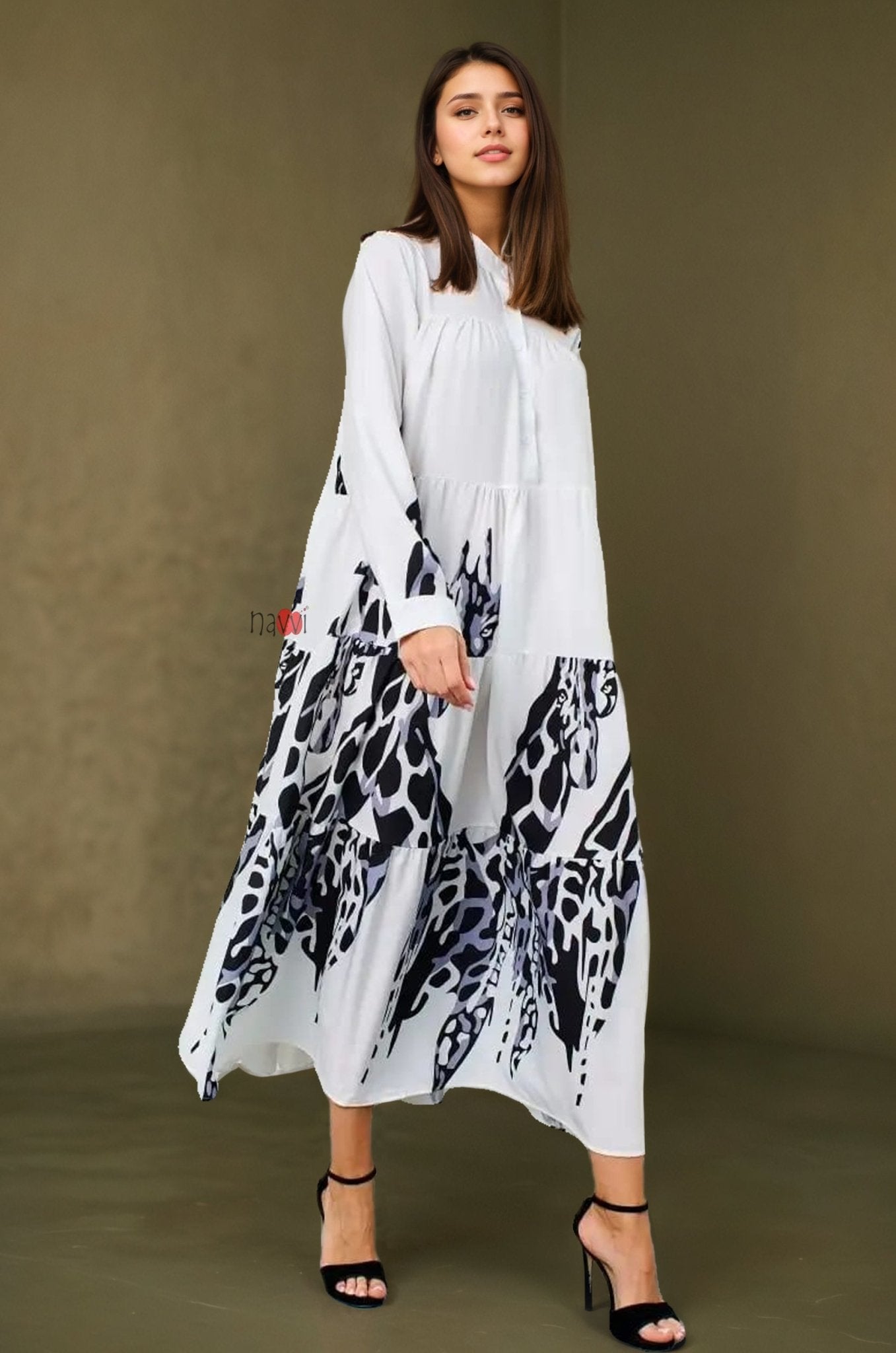 Flowy Monochrome Tiered Long Shirt Dress – Navvi.in