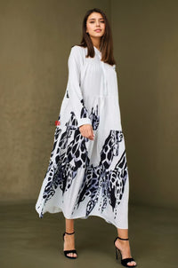 Flowy Monochrome Tiered Long Shirt Dress - Navvi.in