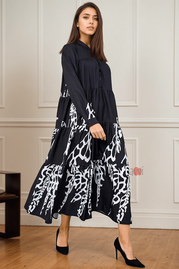 Flowy Monochrome Tiered Long Shirt Dress Black - Main Image