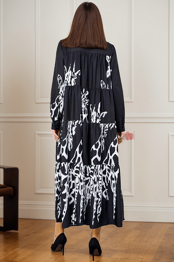 Flowy Monochrome Tiered Long Shirt Dress - Navvi.in