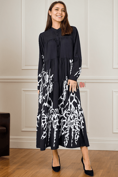 Flowy Monochrome Tiered Long Shirt Dress - Navvi.in