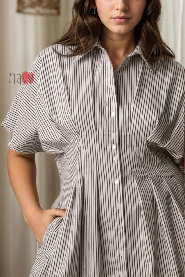 Front - Button Pleated Shirt Dress - Navvi.in
