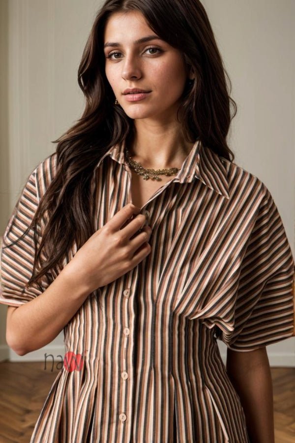 Front - Button Pleated Shirt Dress - Navvi.in