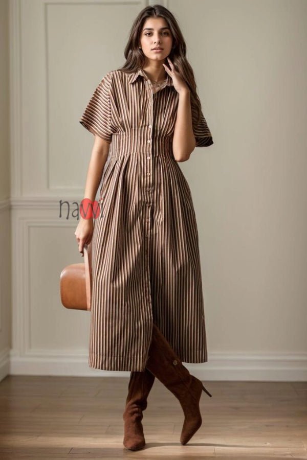 Front - Button Pleated Shirt Dress - Navvi.in