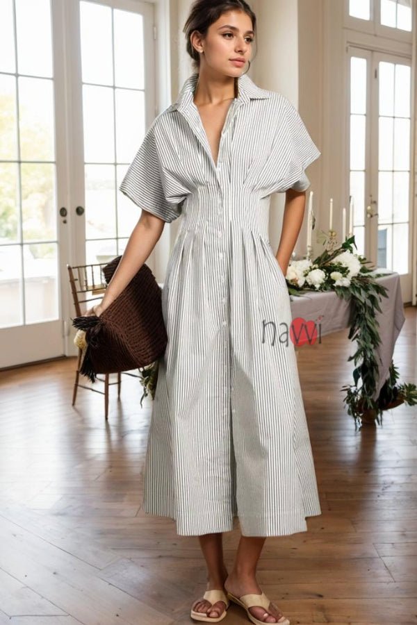 Front - Button Pleated Shirt Dress - Navvi.in