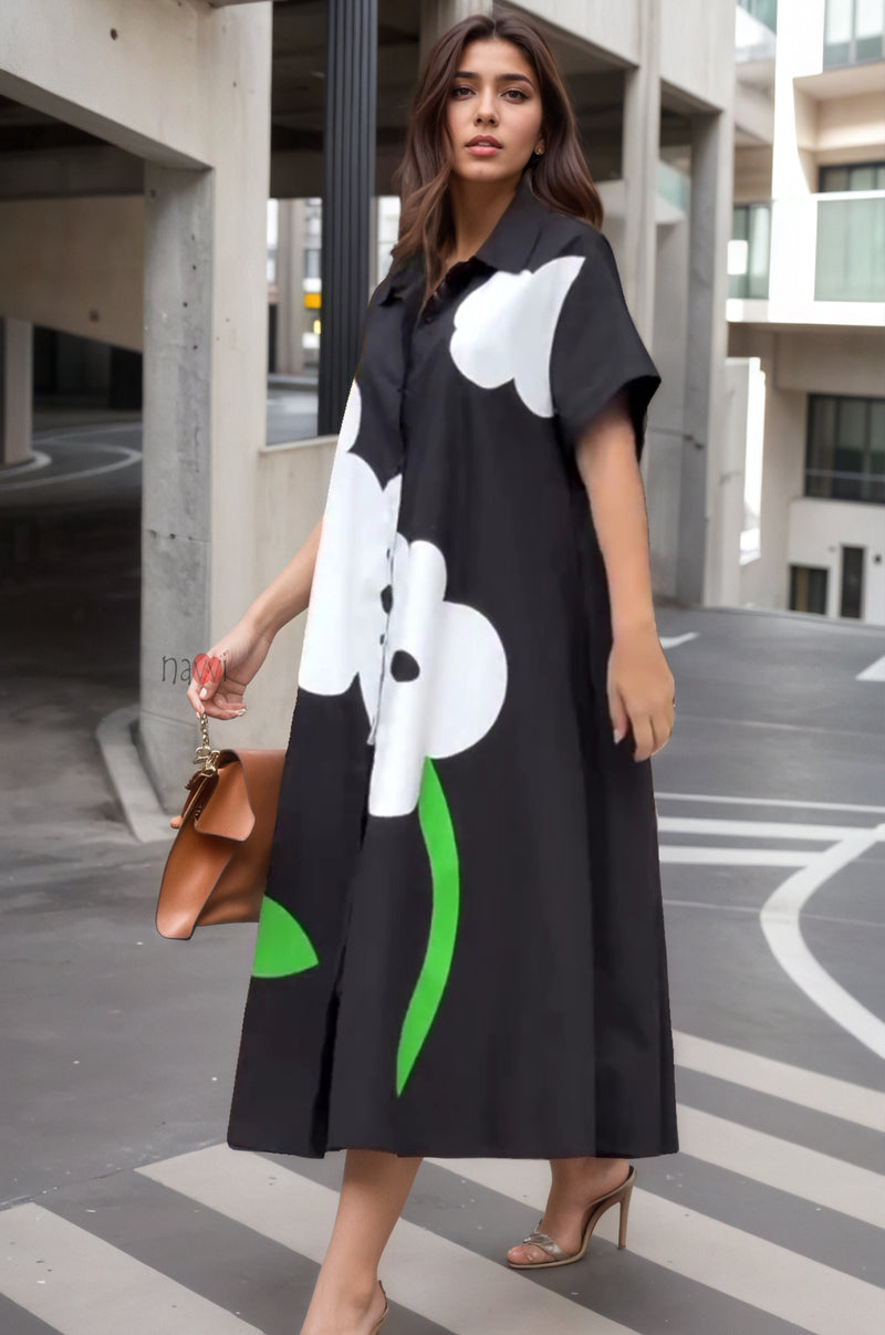 Modern Black A-line Shirt Dress with Flower Design