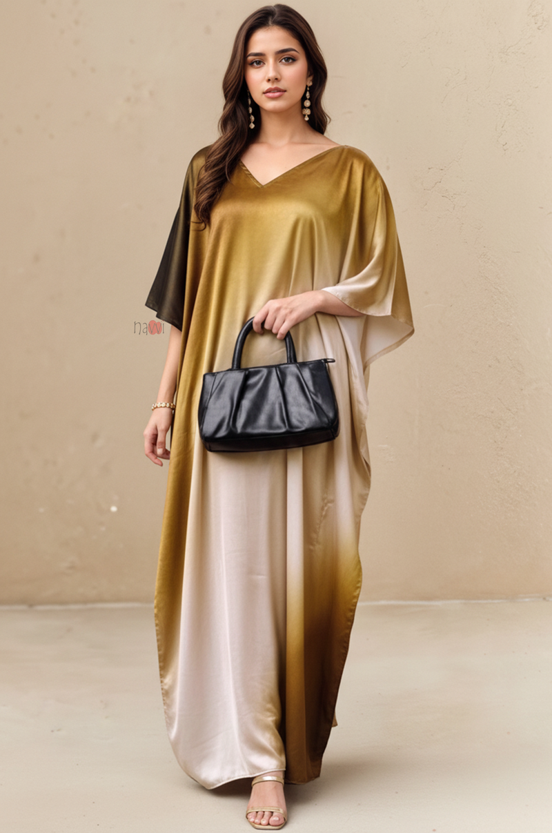 Golden Ombre Satin Kaftan Maxi Dress