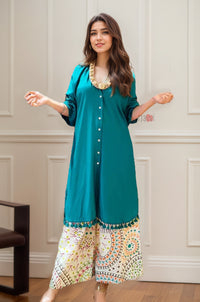 Vibrant Teal Co-ord Set with Statement Printed Bottoms