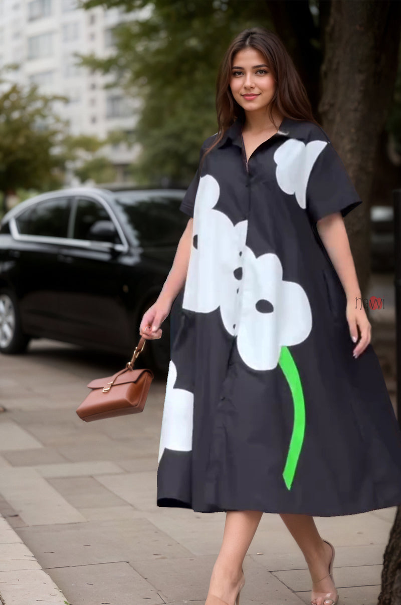 Modern Black A-line Shirt Dress with Flower Design