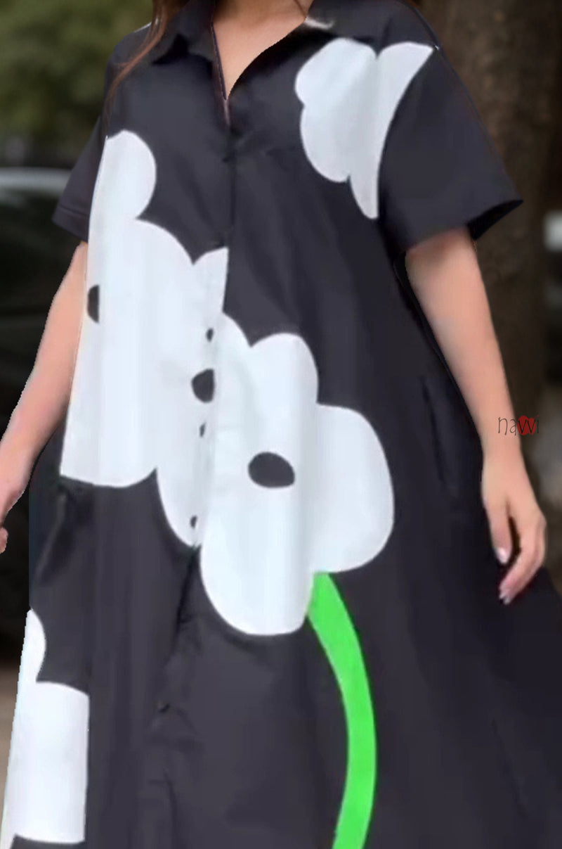 Modern Black A-line Shirt Dress with Flower Design