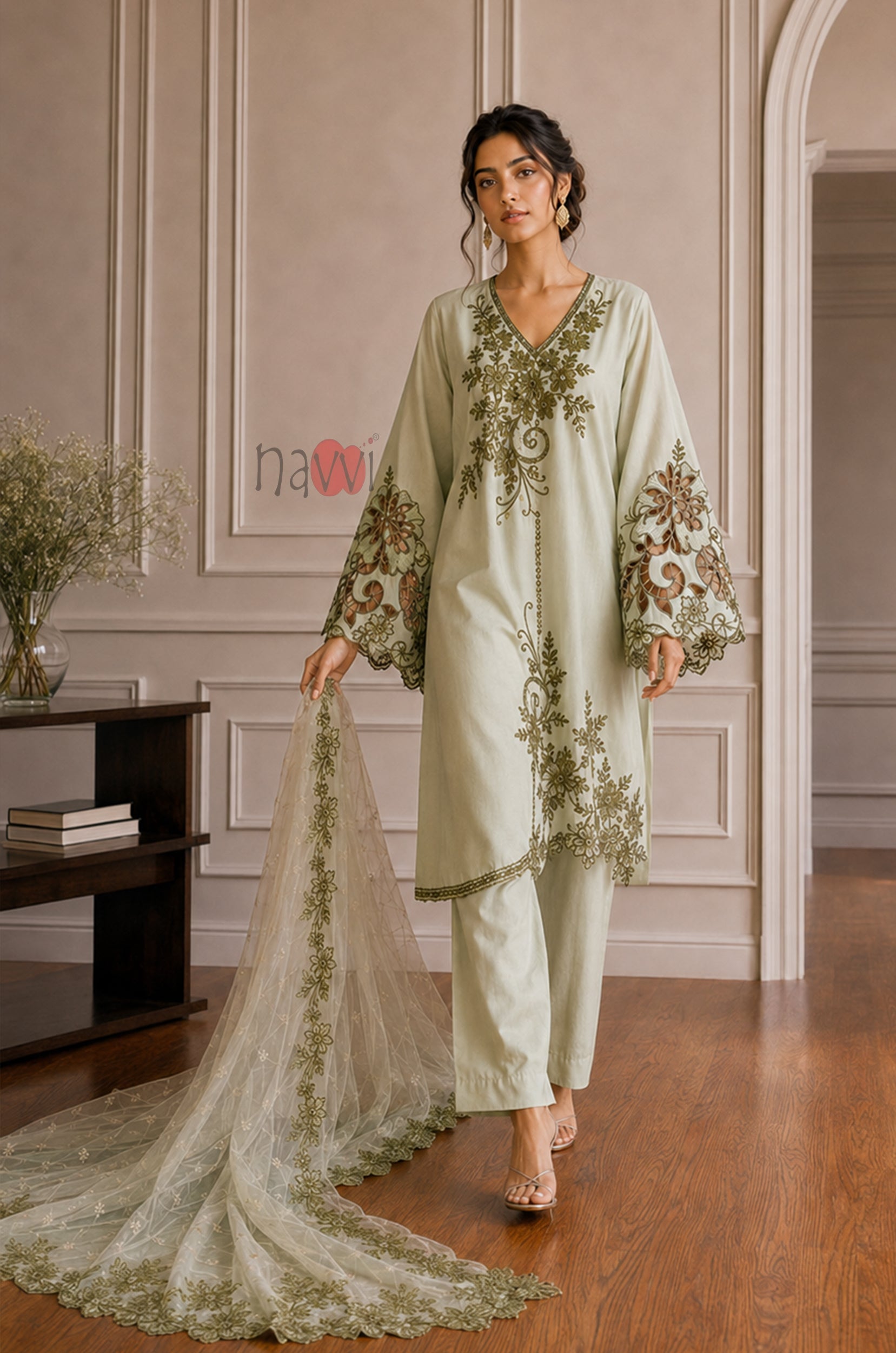 Pistachio Bloom Embroidered Suit Set