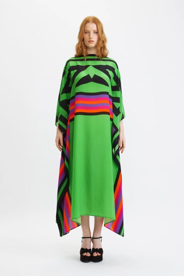 Geometric Green Long Kaftan - Navvi.in