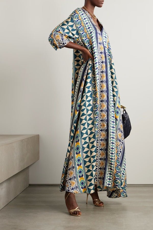 Geometric Printed Long Kaftan Dress - Navvi.in