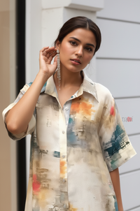 Abstract Watercolor Shirt Dress – Modern Chic