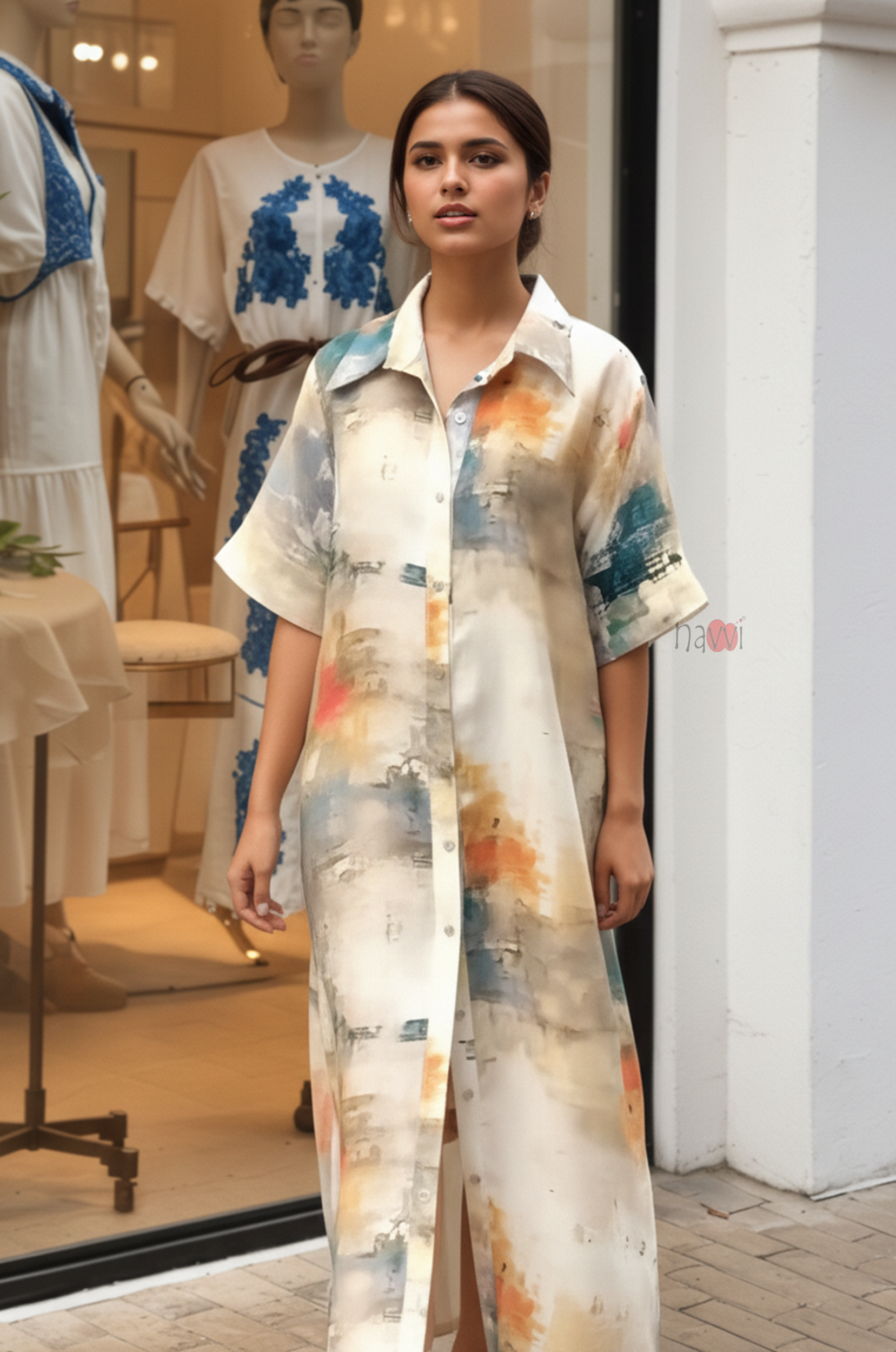 Abstract Watercolor Shirt Dress – Modern Chic