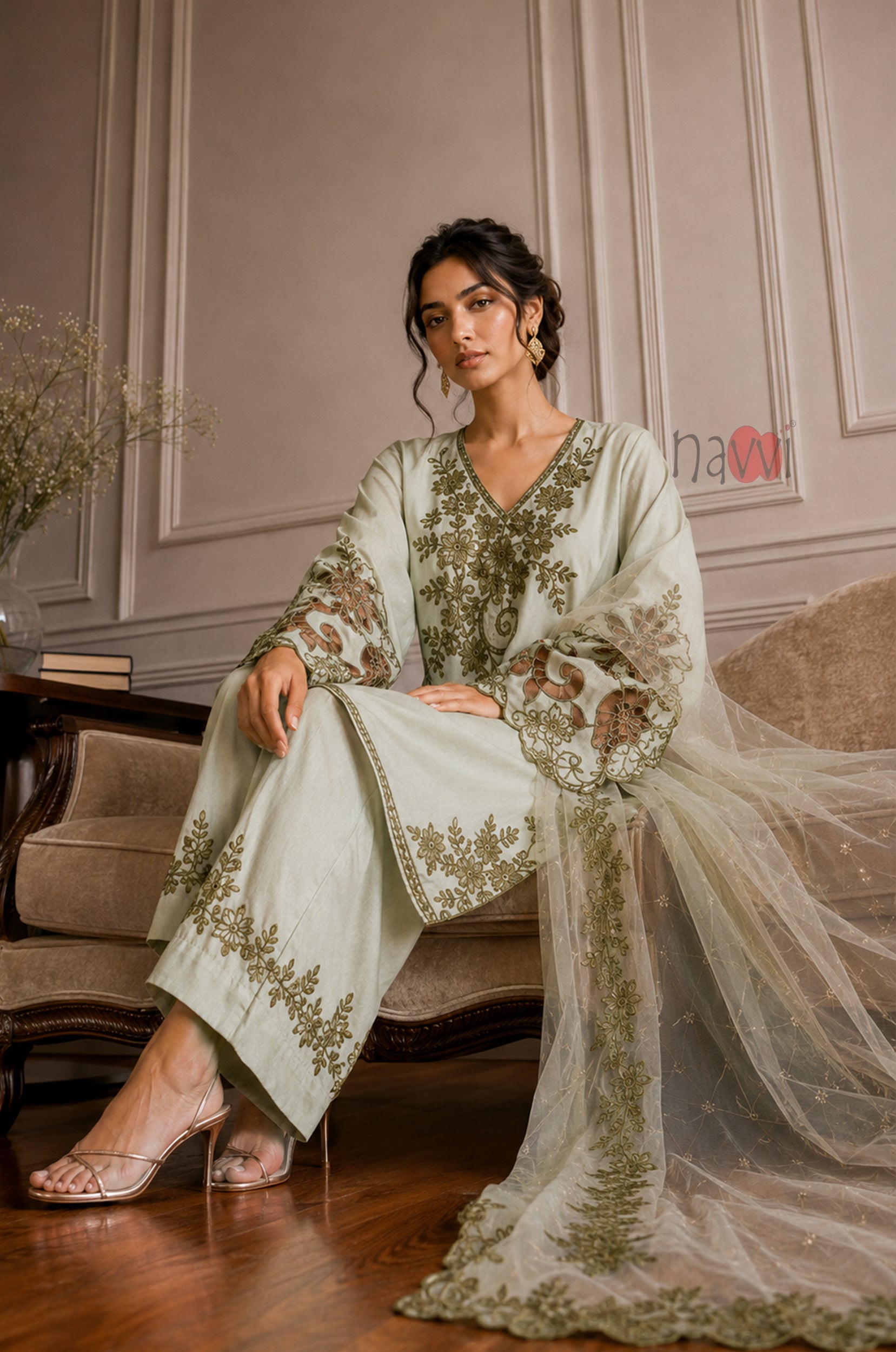 Pistachio Bloom Embroidered Suit Set
