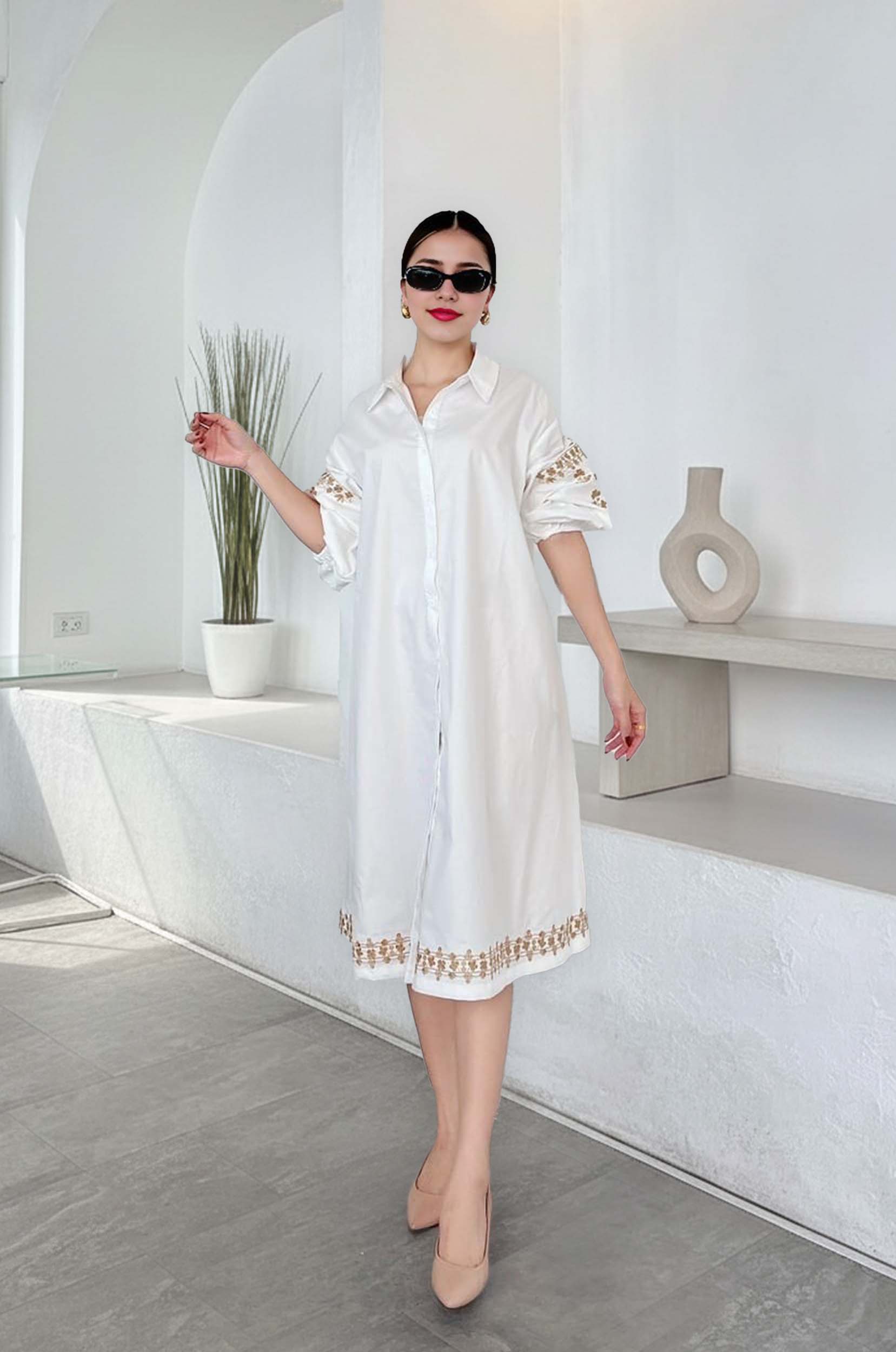 Embroidered Oversized A-Line Shirtdress