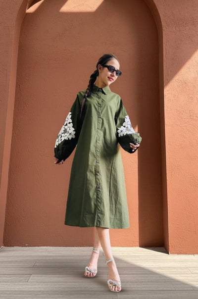 Chic A-Line Utility Shirt Dress with Floral Sleeves - Navvi.in