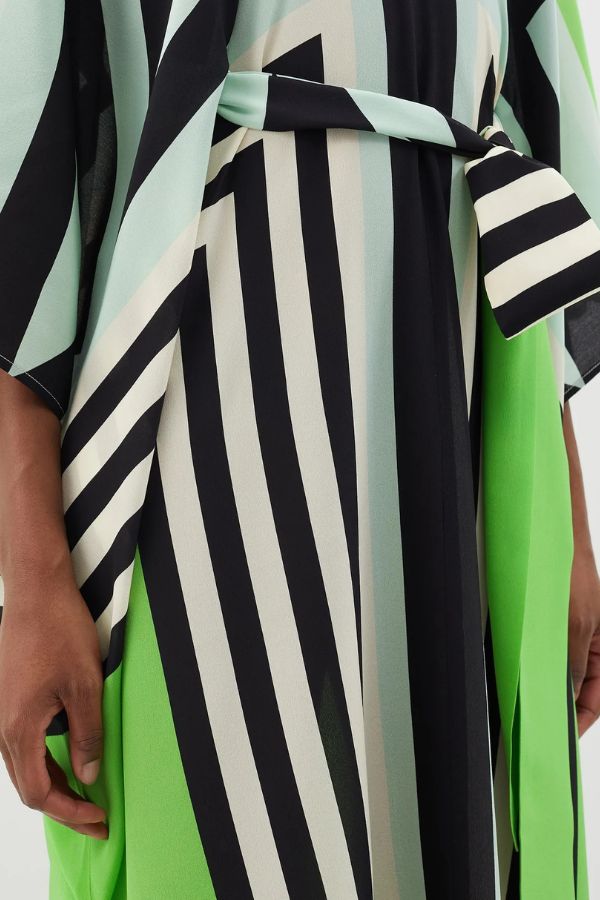 Green & Black Stripe V - Neck Long Kaftan - Navvi.in