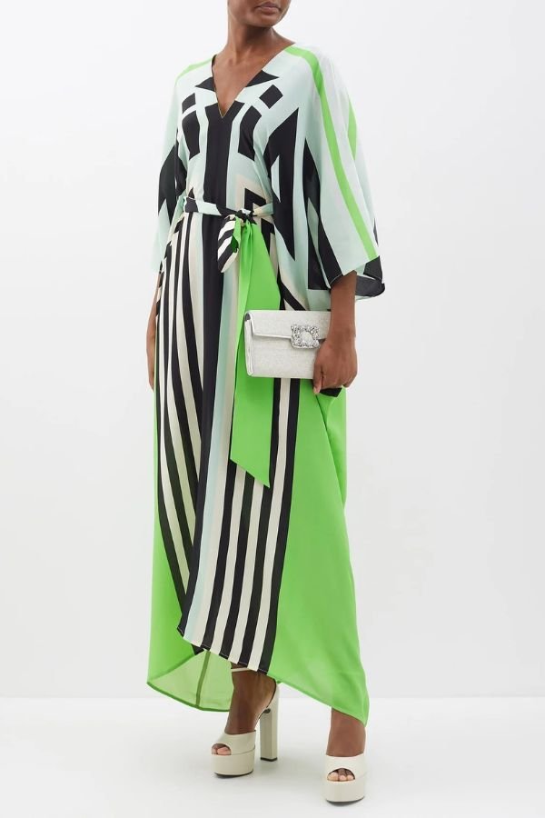 Green & Black Stripe V - Neck Long Kaftan - Navvi.in