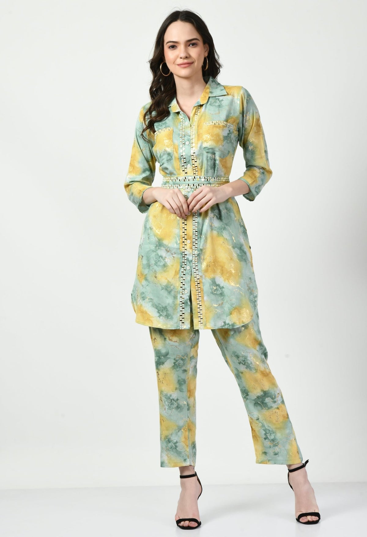 Green Co - ord Set with Embellished Belt - Navvi.in