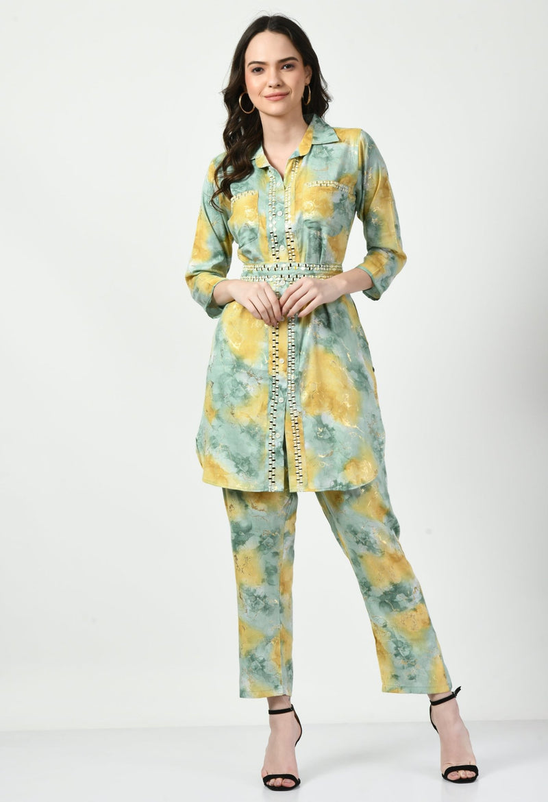 Green Co - ord Set with Embellished Belt - Navvi.in