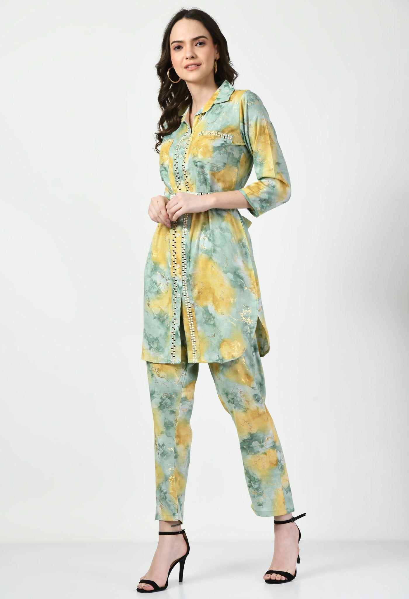 Green Co - ord Set with Embellished Belt - Navvi.in