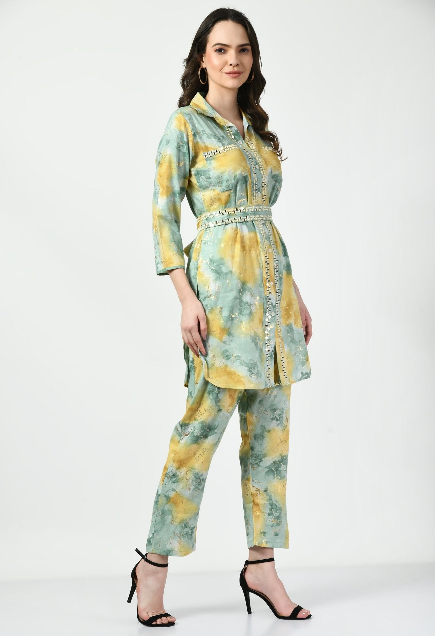 Green Co - ord Set with Embellished Belt - Navvi.in
