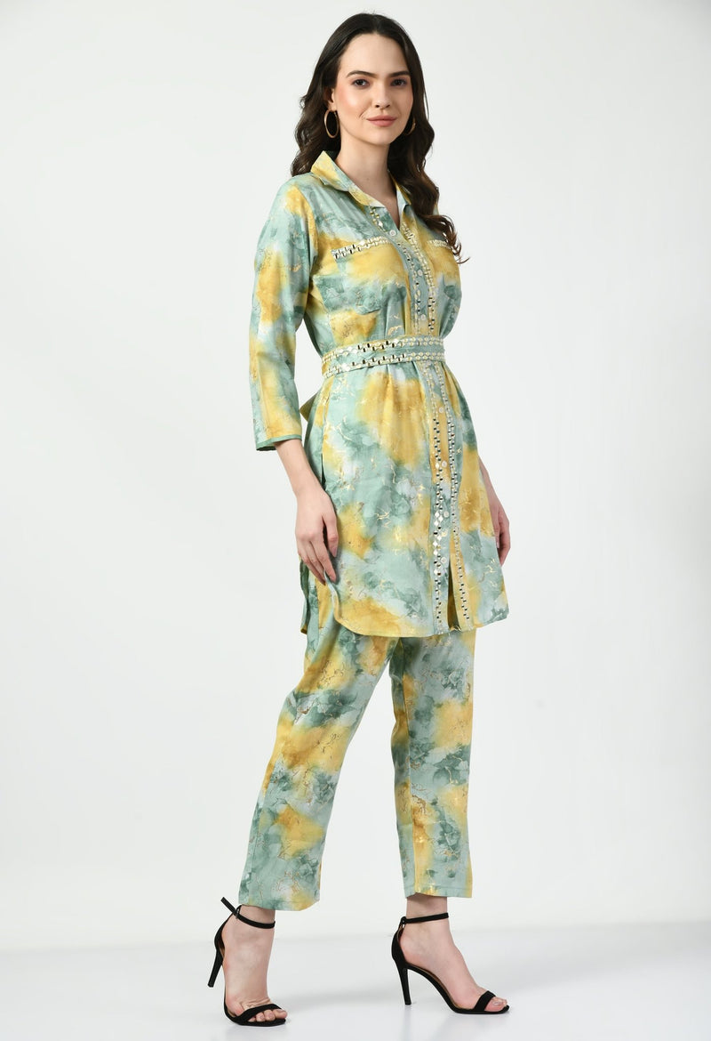 Green Co - ord Set with Embellished Belt - Navvi.in