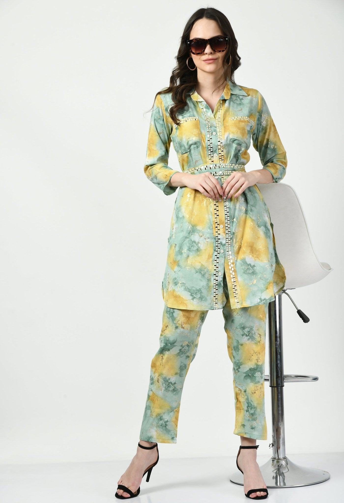 Green Co - ord Set with Embellished Belt - Navvi.in