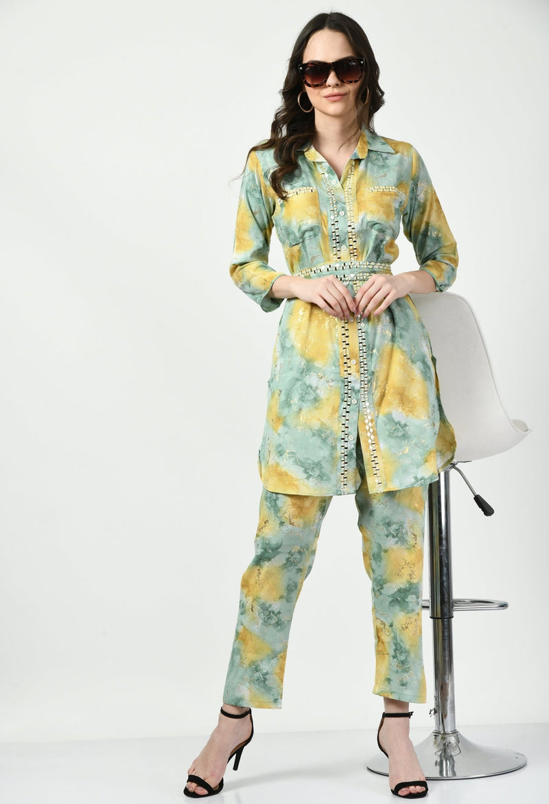 Green Co - ord Set with Embellished Belt - Navvi.in