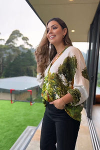 Green Foliage Pattern Print V - Neck Shirt - Navvi.in